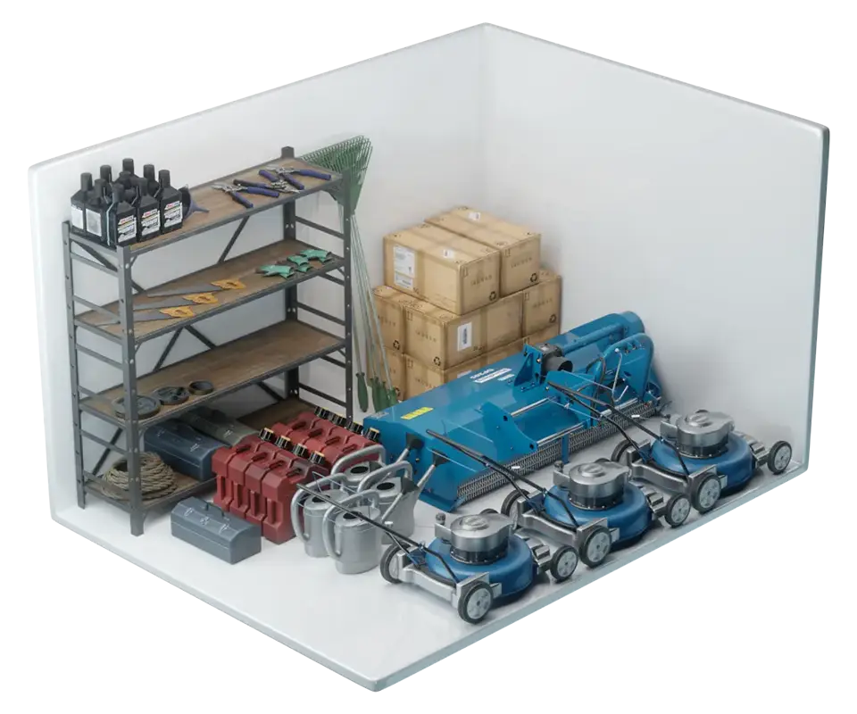 North Store's 12 metre square storage unit with garden services equipment stored