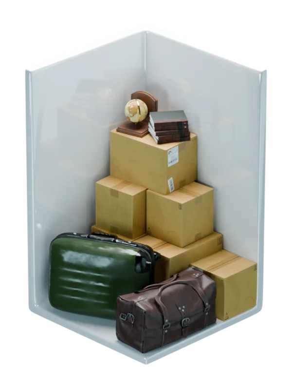 North Store's 3 metre storage unit with luggage and boxes stored